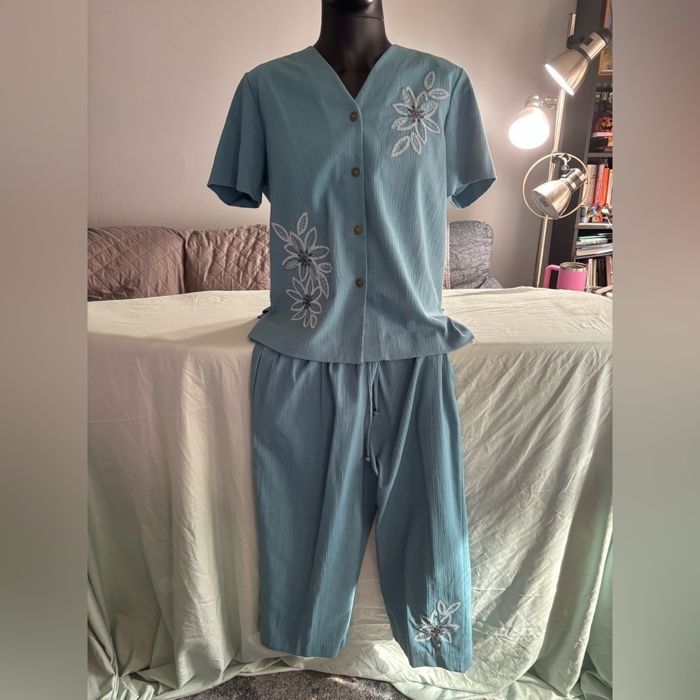 Alfred Dunner Teal Floral Embroidered Pajama Set